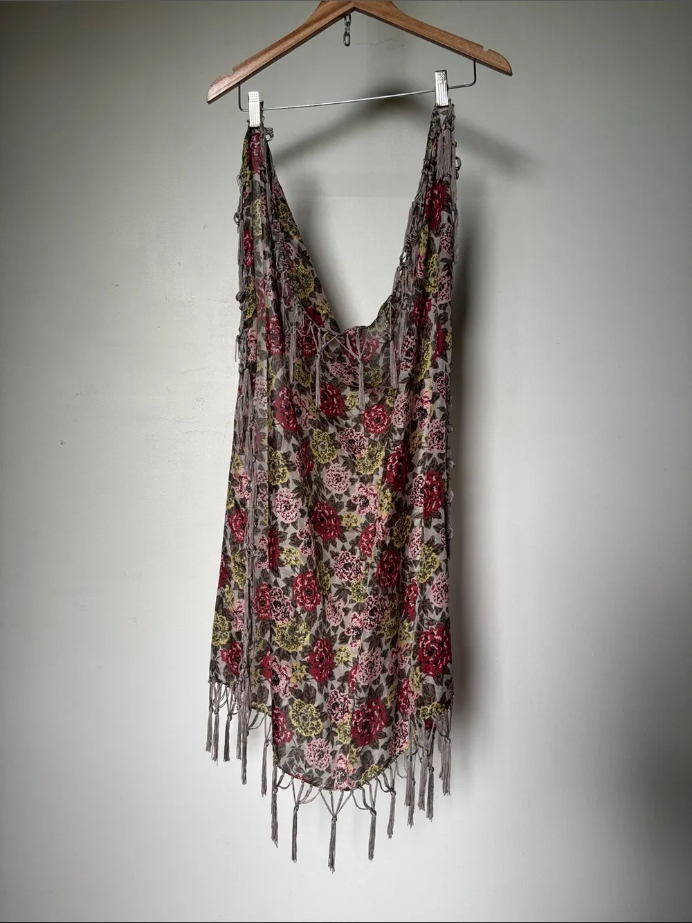 Vintage Silky Floral Fringe Rose Print Scarf with Gray Tassels